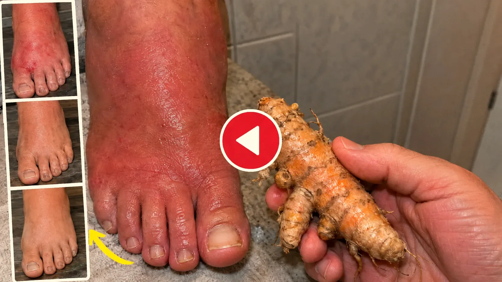 Okinawan turmeric root used in the homemade recipe, next to an inflamed foot